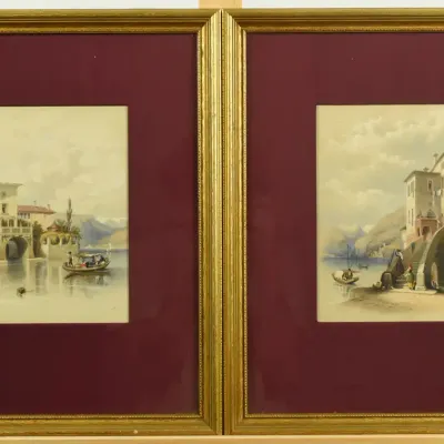 George Edwards Hering, Pair of Antique Italian Lake Como Framed Original Lithographs (1845)
