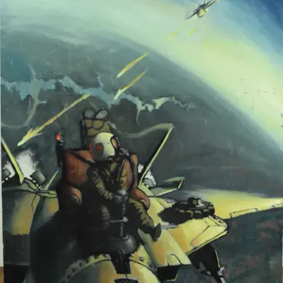 Signed Military Aircraft Dog Fight Original Painting 