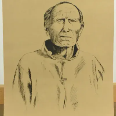 Vintage Signed American School Original Male Ink Drawing On Paper