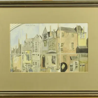 Vintage Signed Surrealist Street Scene Framed Watercolor
