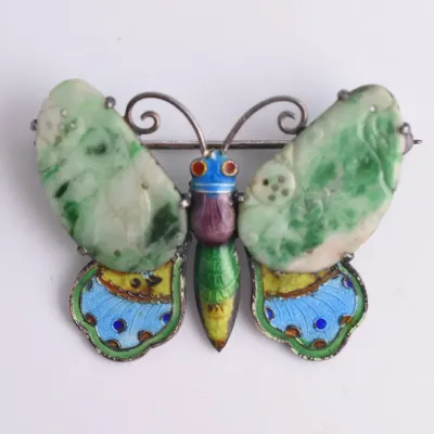 Antique Chinese Green Jadeite Enamel Silver Butterfly Brooch