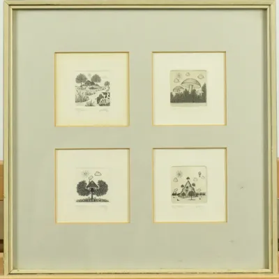 Four Vintage Signed Surrealist Framed Original Etchings