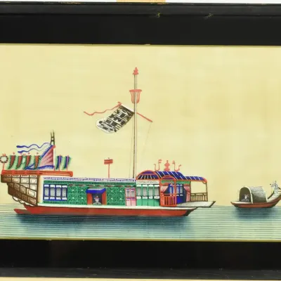 Antique Chinese Export Trade Canton Junk Boat Framed Pith Painting