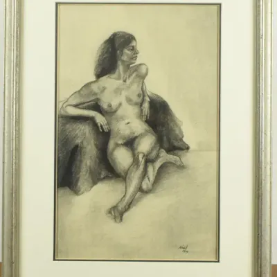 Vintage Signed Original Nude Portrait Framed Charcoal Drawing