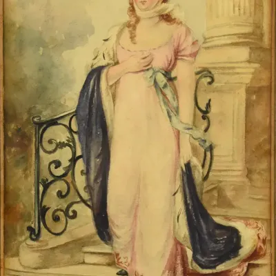 Vintage Signed European School Framed Watercolor of a Woman