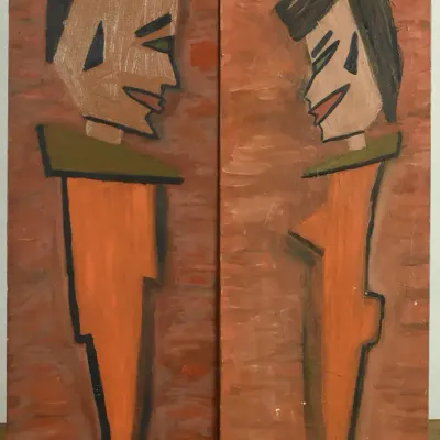 Vintage Abstract Expressionist Figural Original Painting Portrait Pair