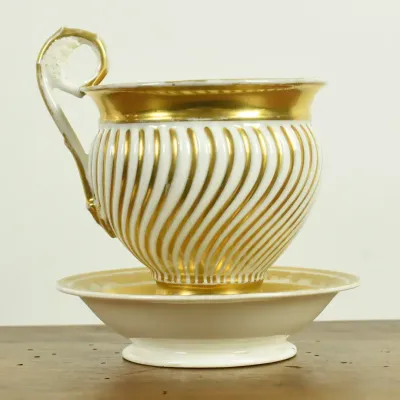 Vintage / Antique European Gold-Plated Porcelain Attached Cup & Saucer 