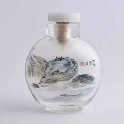 Vintage Chinese Signed Republic Period Reverse Painted Glass Snuff Bottle W/ Green Jadeite Top