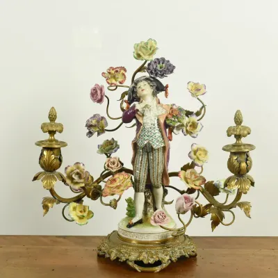 Vintage / Antique German Brass Candelabra w/ Porcelain Flowers
