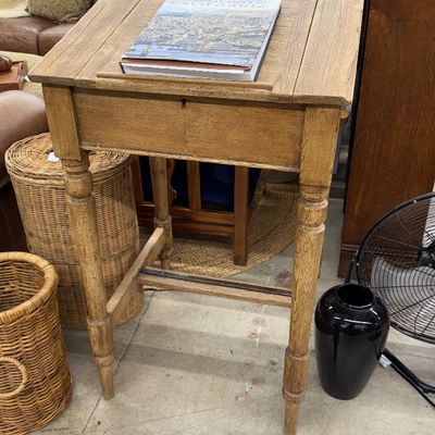 Sale Photo Thumbnail #17: Rustic antique light oak slanted-top standing desk or lectern with turned legs, featuring a book display rail.
