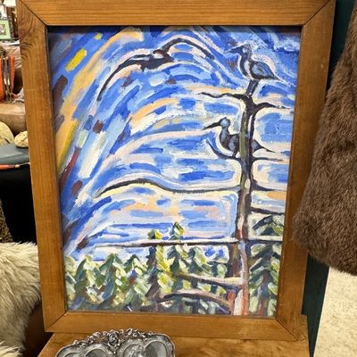 Framed expressionist style painting depicting birds in a tree against a swirling blue sky, paired with a small double heart-shaped...