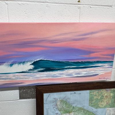Original unframed canvas painting depicting an ocean wave under a pink and purple sunset sky, signed by artist Gordon McDonough.