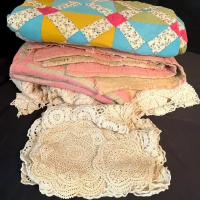 Colorful Patchwork Quilts & Handmade Crocheted Lace Placemats 