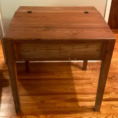 Wooden Writing Desk with Hinged Slant-Top and Metal Accents