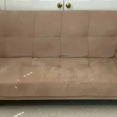 Tan Upholstered Convertible Futon Sofa Bed with Adjustable Armrests