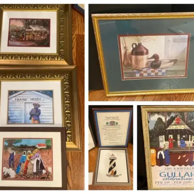 Assorted Framed Folk Art Prints, Lighthouse Needlework & Gullah Celebration Poster