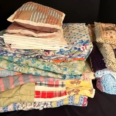 Assorted Quilts, Hand-Stitched Textiles, Patchwork Bedding & Decorative Pillows