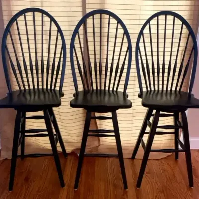 Set of 3 Black Wooden Windsor-Style Bar Stools with Spindle Backs