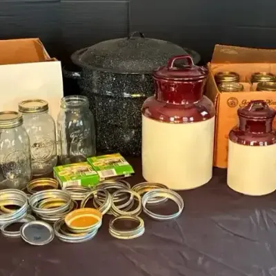 Enamel Canning Pot, Ball Mason Jars, Ceramic Canisters & Canning Supplies