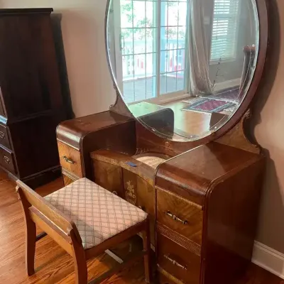 Bassett Furniture Co. Attributed 1930s-1940s Art Deco Waterfall Vanity & Stool