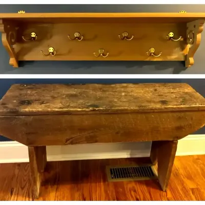 Wooden Bench and Wall-Mounted Coat Rack with 7 Brass-Tone Hooks