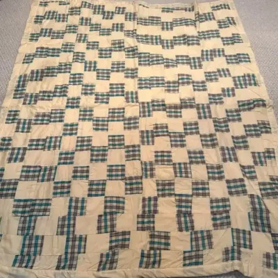 Blue, Teal & Pink Plaid Patchwork Quilt with Cream Fabric