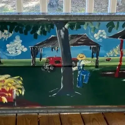 Leonard Jones Signed Original Southern Folk Art Painting on Metal, Rural Farm Scene