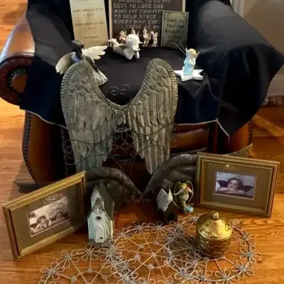 Decorative Angel Wings, Ceramic Angel Figurines, Framed Cross-Stitch and Inspirational Decor