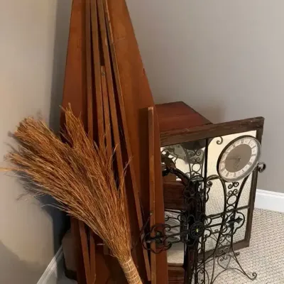 Wooden Ironing Board, Cabinet, Decorative Metal Clock & Windowpane Mirror