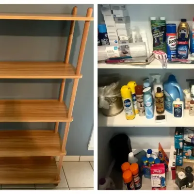 Five-Tier Wood Shelf with Bathroom, Cleaning and Household Supplies