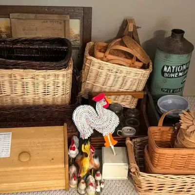 Rustic Farmhouse Decor With Wicker Baskets, Rooster Figurines, Framed Art and More