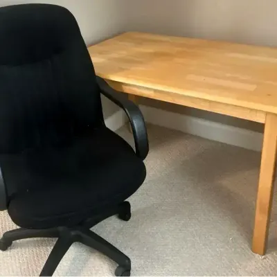 Light Wood Writing Desk with Black Upholstered Rolling Office Chair