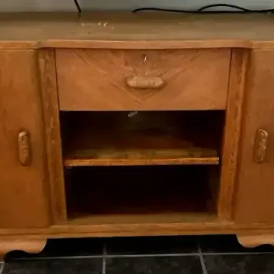 Wooden Entertainment Center with Locking Drawer, Storage Cabinets and Open Shelves