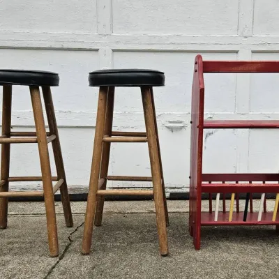 Wooden Padded Stools and Bookshelf Organizer 