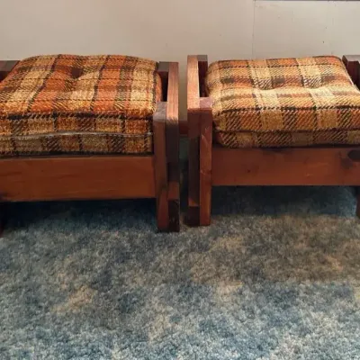 Two 1970s Rustic Knotty Pine Ottomans