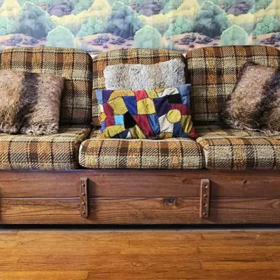 1970s Rustic Knotty Pine Couch and Accent Pillows