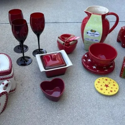 Le Creuset Red Stoneware Pitcher, Ruby Red Goblets & Assorted Heart-Themed Kitchen Décor