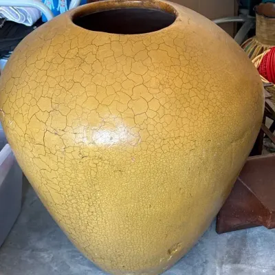 Extra Large Heavy Mustard Yellow Crackle Finish Pottery Floor Vase / Urn 