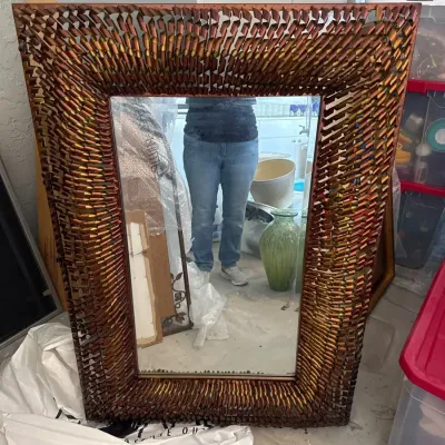 Large Contemporary Metal Wall Mirror – Copper, Bronze & Gold Twisted Ribbon Sculptural Frame 