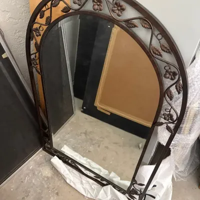 Arched Wrought Iron Style Wall Mirror with Bronze Finish & Floral Vine Scrollwork