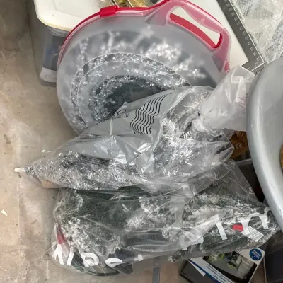 Lot Of Silver Tinsel Christmas Trees And Wreath 
