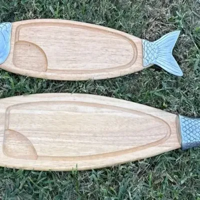 Vintage R.H. Macy & Co. Fish-Shaped Wood & Metal Serving Trays – Set of 2 – Thailand