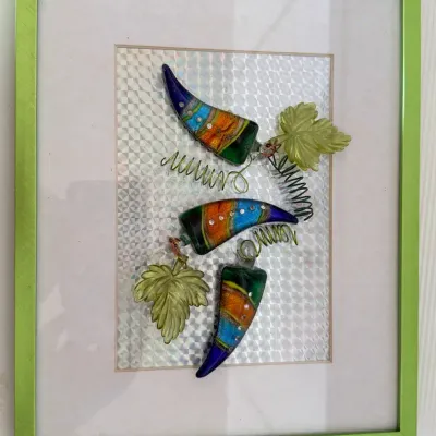 Colorful 3D Glass Chili Pepper Wall Art in Lime Green Frame