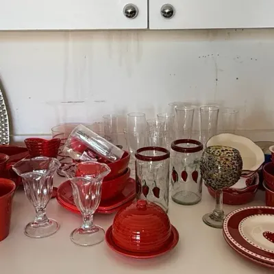 Large Red & White Kitchenware Collection – Dinnerware, Glassware, Heart Platter & Serving Pieces