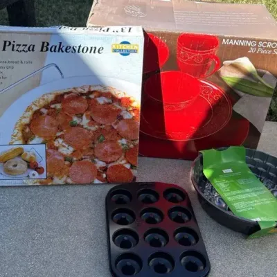 Kitchen & Bakeware Collection – 20-Piece Manning Scroll Dinnerware Set, 13” Pizza Stone & Baking Pan
