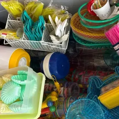 Huge Lot Of Plastic Cups, Serving Containers, Forks And Knives Great For Patio! 