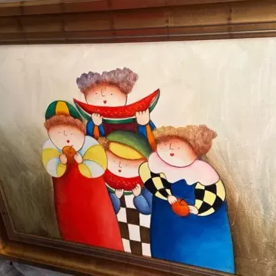 J. Roybal Signed Whimsical Children with Watermelon Artwork – Gold Framed 