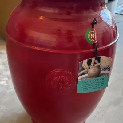 Red Pottery Pot Made In Portugal With Tag On It Outdoor 