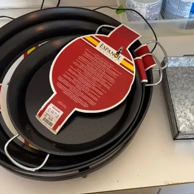 Carbon Steel Paella Pans with Red Handles & Galvanized Metal Serving Trays 