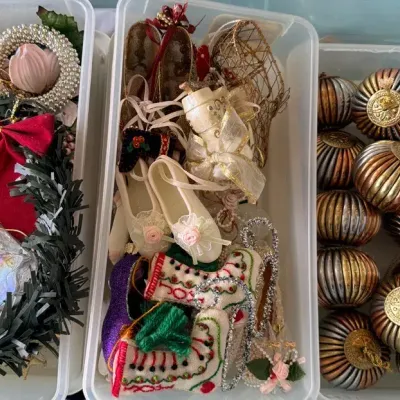 Christmas Ornament Lot With Bronze , Vintage Victorian, Stocking, Ornament Hooks 